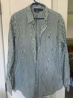 Ralph Lauren Men's Green & White Vertical Stripe Button-Down Shirt